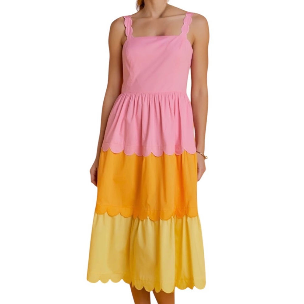 English Factory Colorblock Scalloped Dress Size Medium Tri Color Midi Length